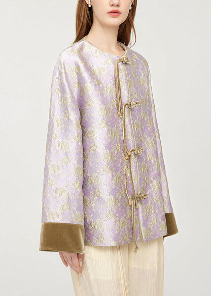 Stylish Purple O-neck Button Silk Velour Patchwork Coats Spring