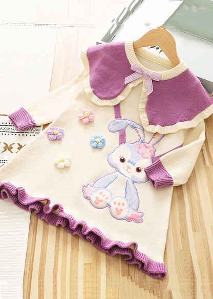 Stylish Purple O Neck Patchwork Knit Kids Sweater Dresses Fall