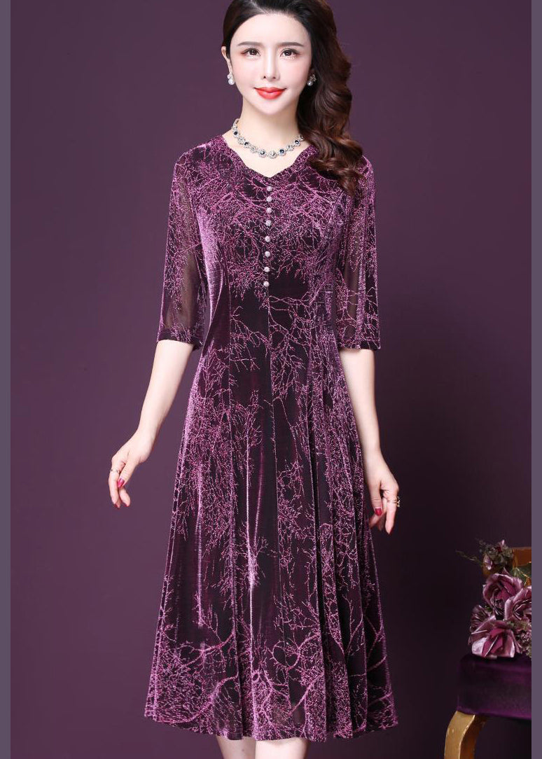 Stylish Purple O-neck Print Button Tulle Holiday Dress Half Sleeve