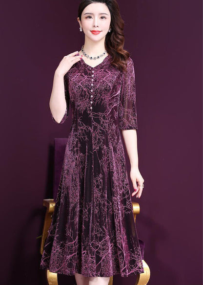 Stylish Purple O-neck Print Button Tulle Holiday Dress Half Sleeve