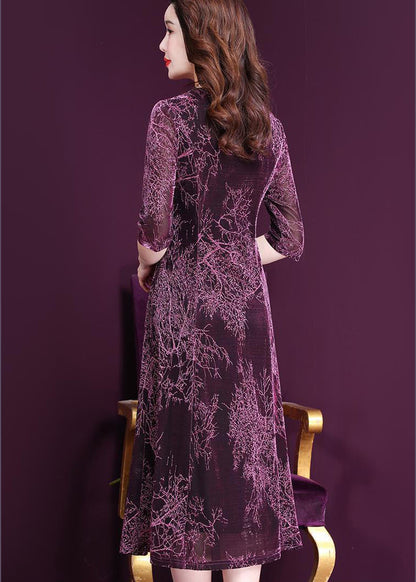 Stylish Purple O-neck Print Button Tulle Holiday Dress Half Sleeve