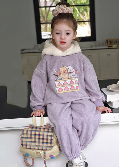 Stylish Purple Patchwork Thick Hooded Sweatshirt and Pants Two Pieces Set Spring