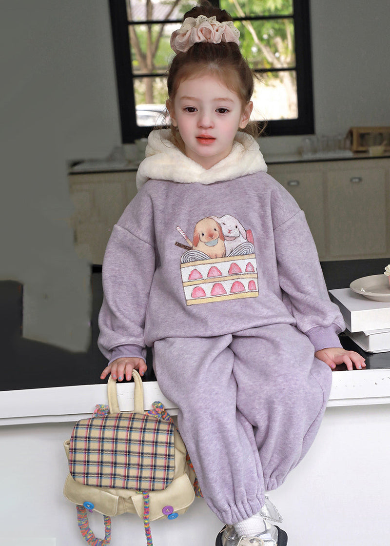 Stylish Purple Patchwork Thick Hooded Sweatshirt and Pants Two Pieces Set Spring