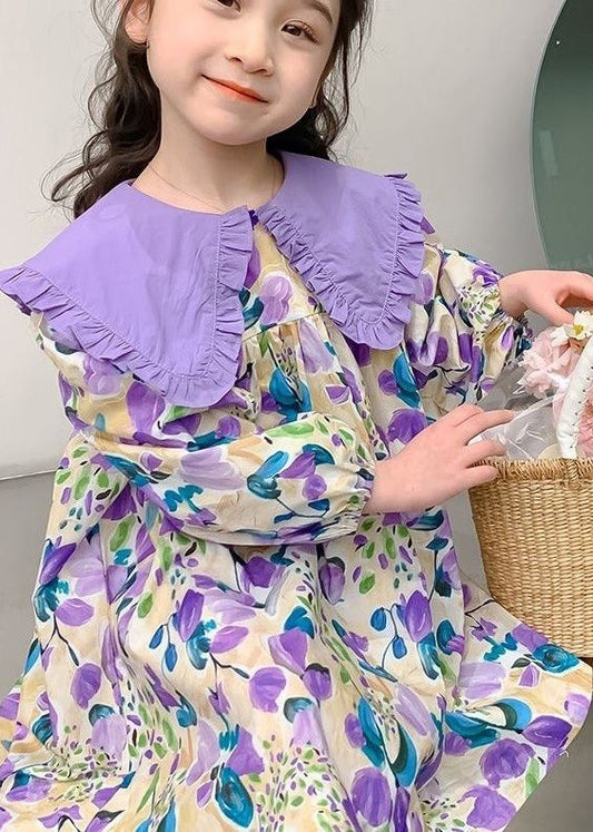 Stylish Purple Peter Pan Collar Print Long Dresses Long Sleeve