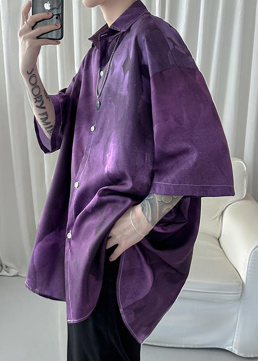 Stylish Purple Peter Pan Collar Tie Dye Ice Silk Shirts Half Sleeve