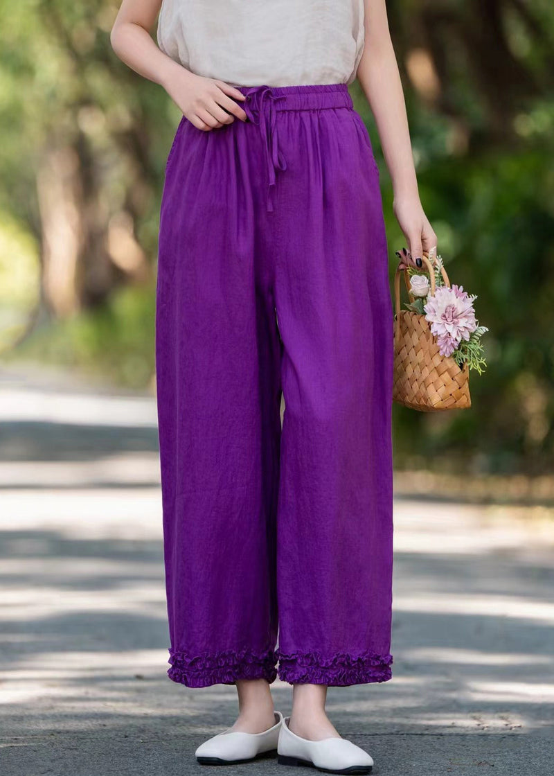 Stylish Purple Ruffled Pockets Linen Wide Leg Pants