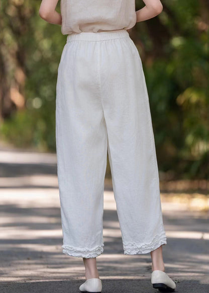 Stylish Purple Ruffled Pockets Linen Wide Leg Pants