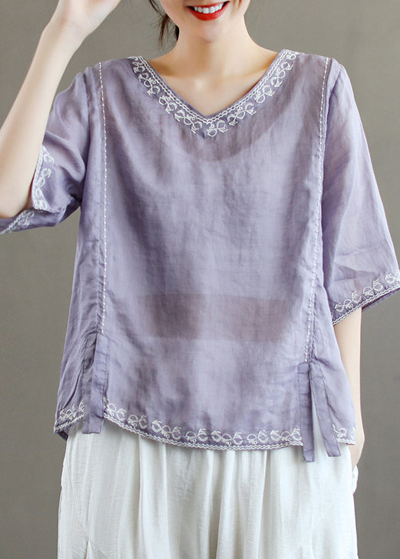Stylish Purple V Neck Embroideried Linen T Shirt Half Sleeve