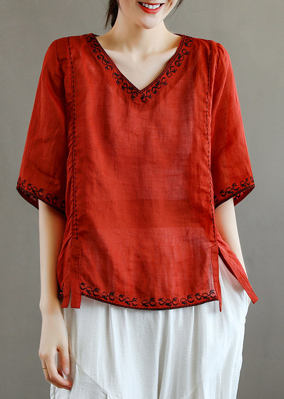 Stylish Purple V Neck Embroideried Linen T Shirt Half Sleeve