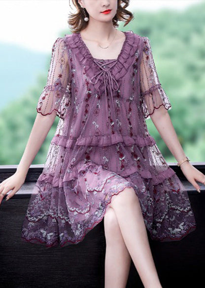 Stylish Purple V Neck Patchwork Lace Up Tulle a Line Dress Short Sleeve