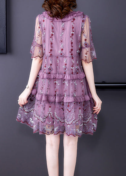 Stylish Purple V Neck Patchwork Lace Up Tulle a Line Dress Short Sleeve
