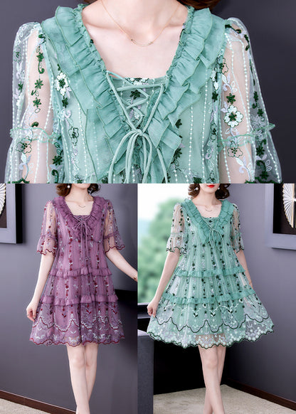 Stylish Purple V Neck Patchwork Lace Up Tulle a Line Dress Short Sleeve