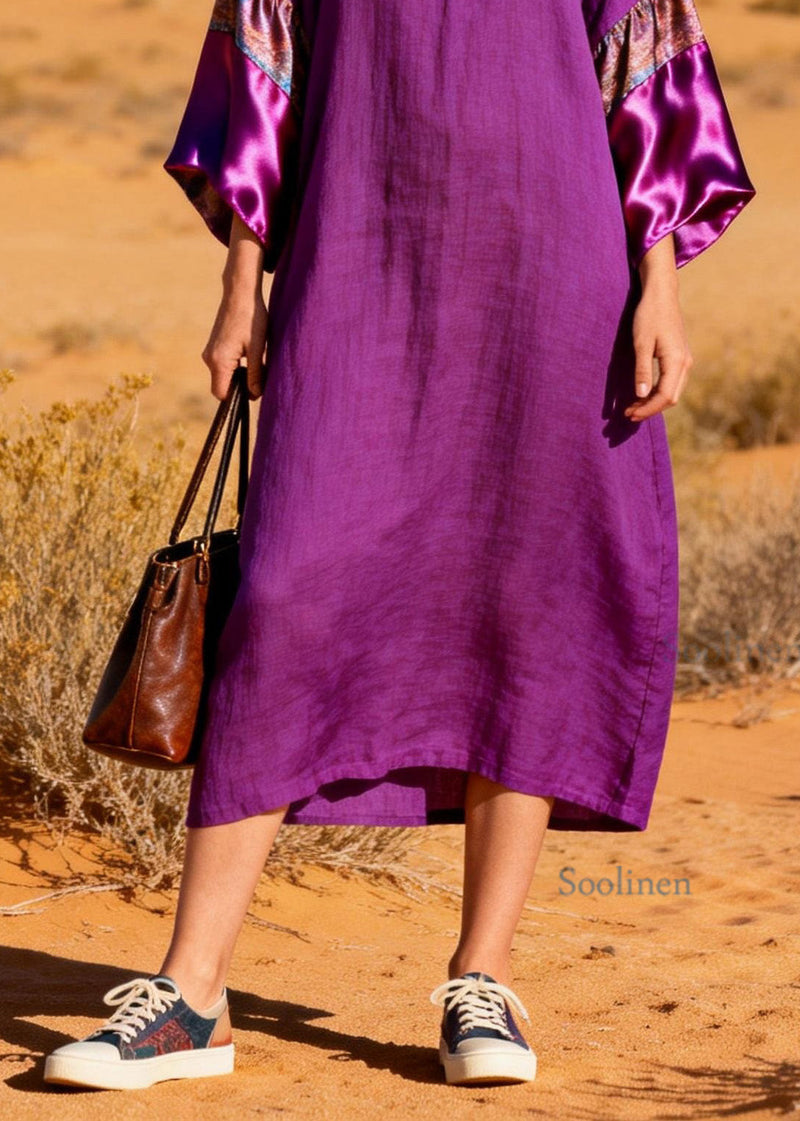 Stylish Purple V Neck Silk Patchwork Linen Dresses Summer