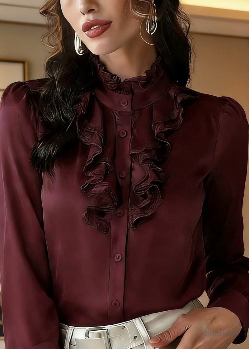 Stylish Purplish Red Button Silk Top Spring