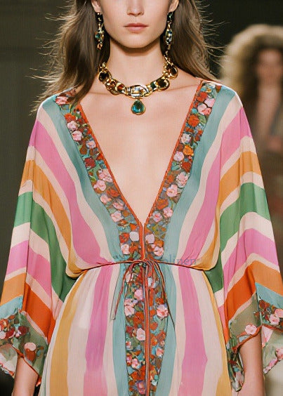 Stylish Rainbow Asymmetrical Striped Chiffon Day Dress Summer