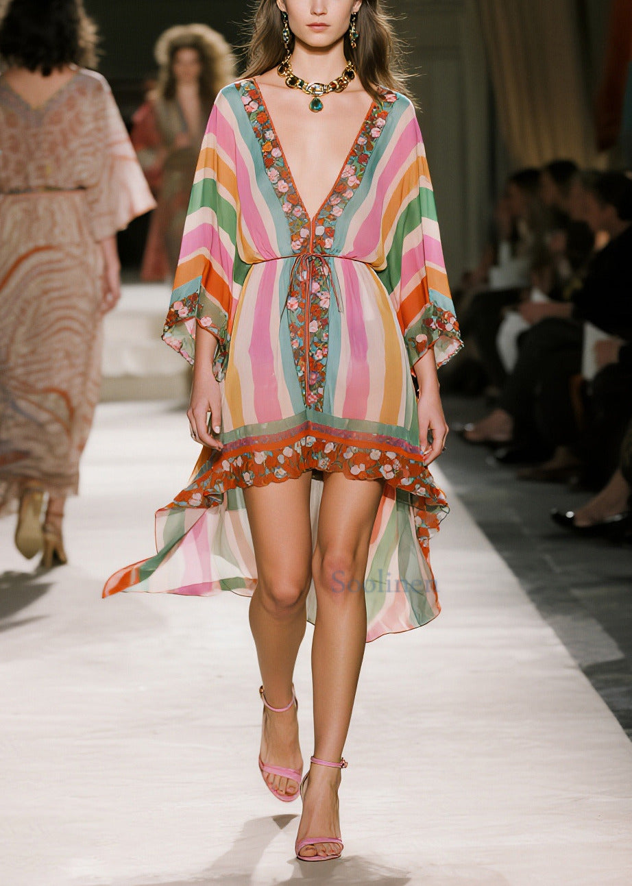 Stylish Rainbow Asymmetrical Striped Chiffon Day Dress Summer