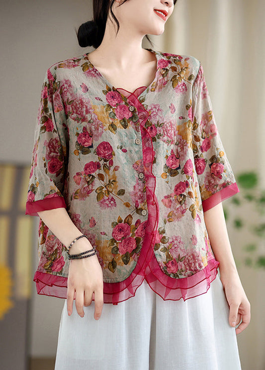 Stylish Red Patchwork Organza Linen Shirts Summer