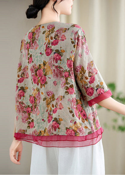 Stylish Red Patchwork Organza Linen Shirts Summer