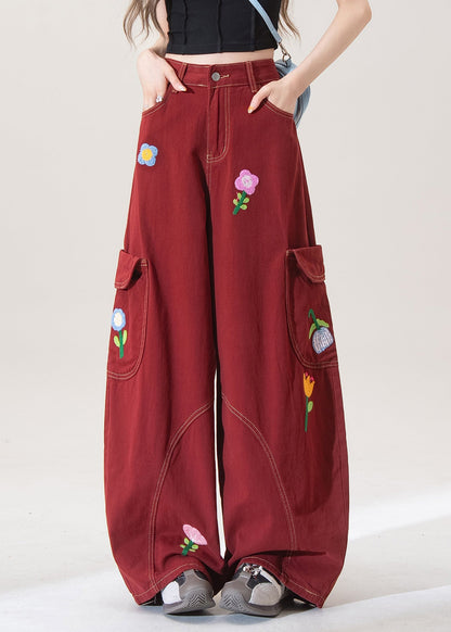 Stylish Red Pockets Denim Wide Leg Pants Fall