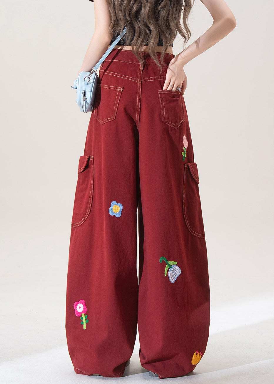 Stylish Red Pockets Denim Wide Leg Pants Fall
