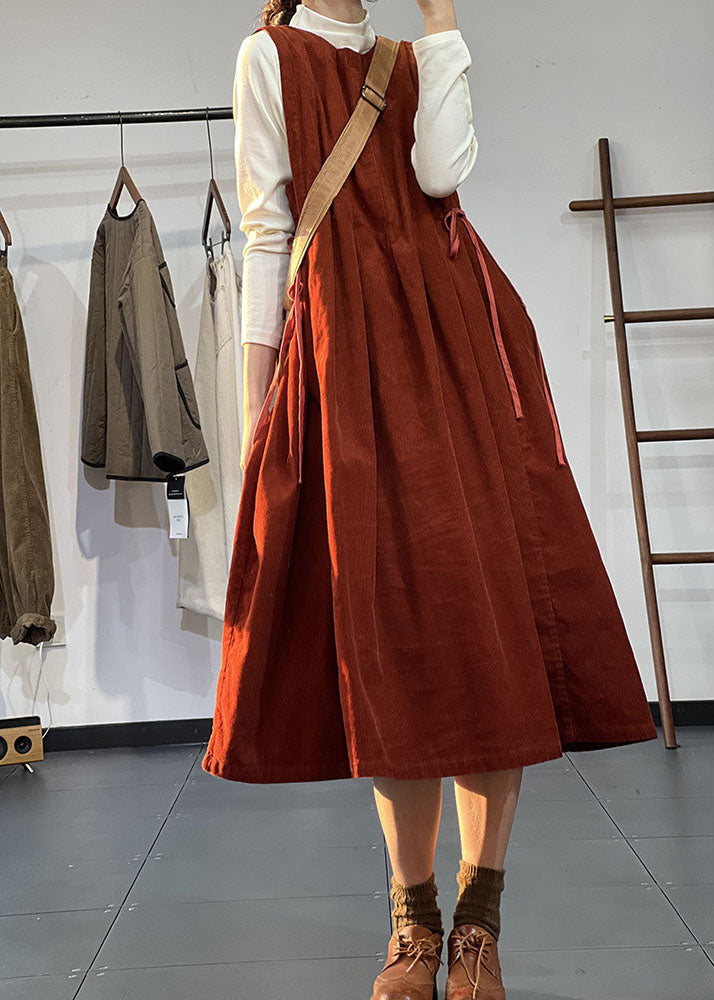 Stylish Red O-neck Exra Large Hem Corduroy Pleated Dresses Sleeveless