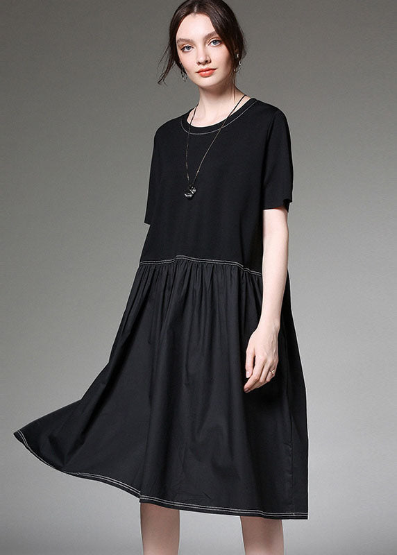Stylish Red O-neck Patchwork Cotton Dresses Short Sleeve