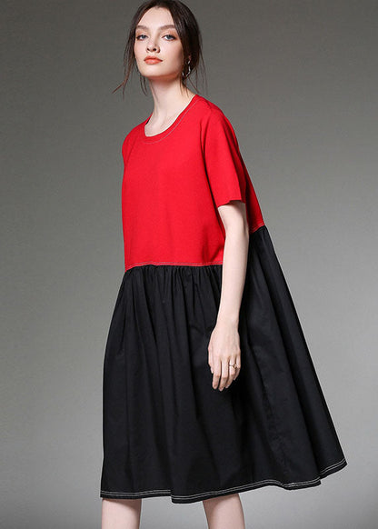 Stylish Red O-neck Patchwork Cotton Dresses Short Sleeve
