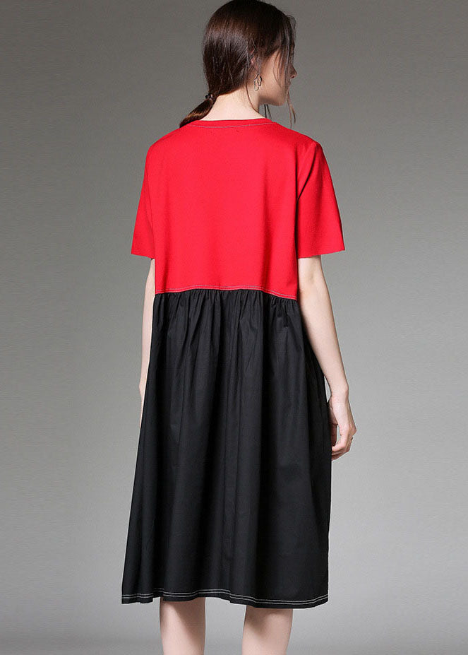 Stylish Red O-neck Patchwork Cotton Dresses Short Sleeve