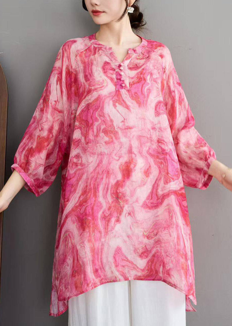 Stylish Red O-neck Print Linen Shirts Three Quarter Sleeve