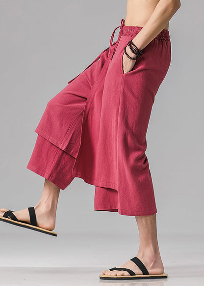 Stylish Red Pockets Patchwork Tie Waist Pants Summer