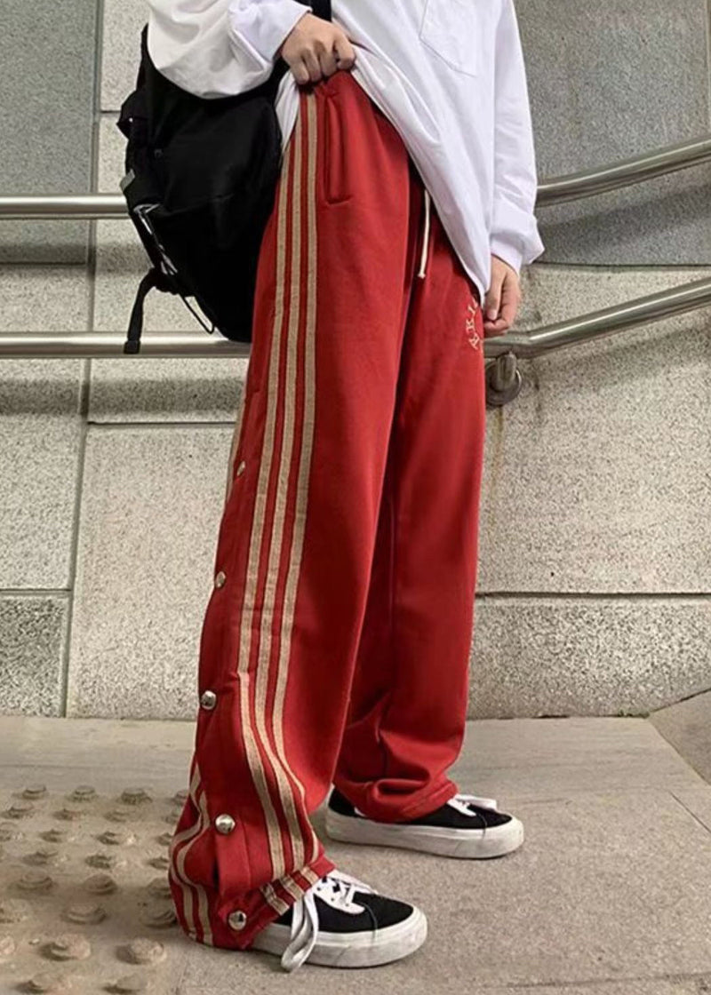 Stylish Red Pockets Striped Patchwork Side Open Cotton Pants Fall