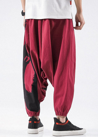 Stylish Red Print Pockets Cotton Harem Pants Summer