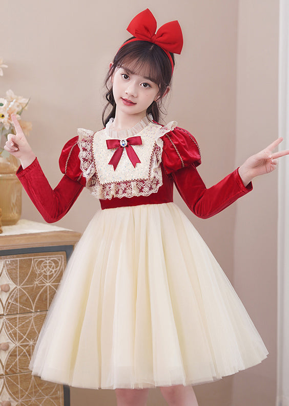 Stylish Red Ruffled Tulle Patchwork Warm Fleece Kids Dress Winter