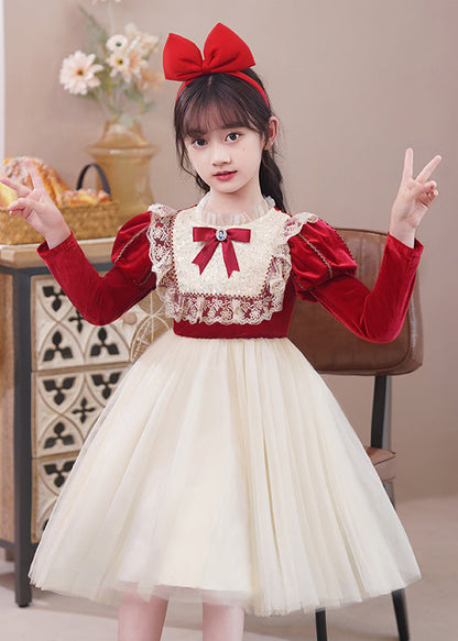 Stylish Red Ruffled Tulle Patchwork Warm Fleece Kids Dress Winter