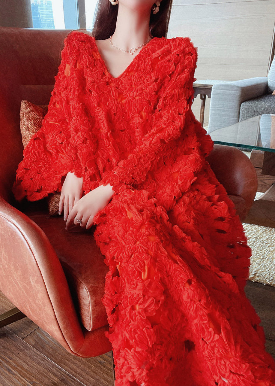 Stylish Red V Neck Hollow Out Lace Long Dress Flare Sleeve