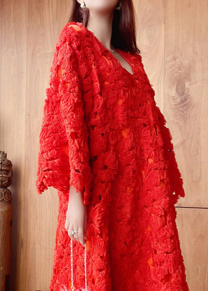 Stylish Red V Neck Hollow Out Lace Long Dress Flare Sleeve