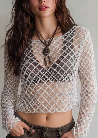 Stylish Silver O Neck Nail Bead Sequins Short Top Spring