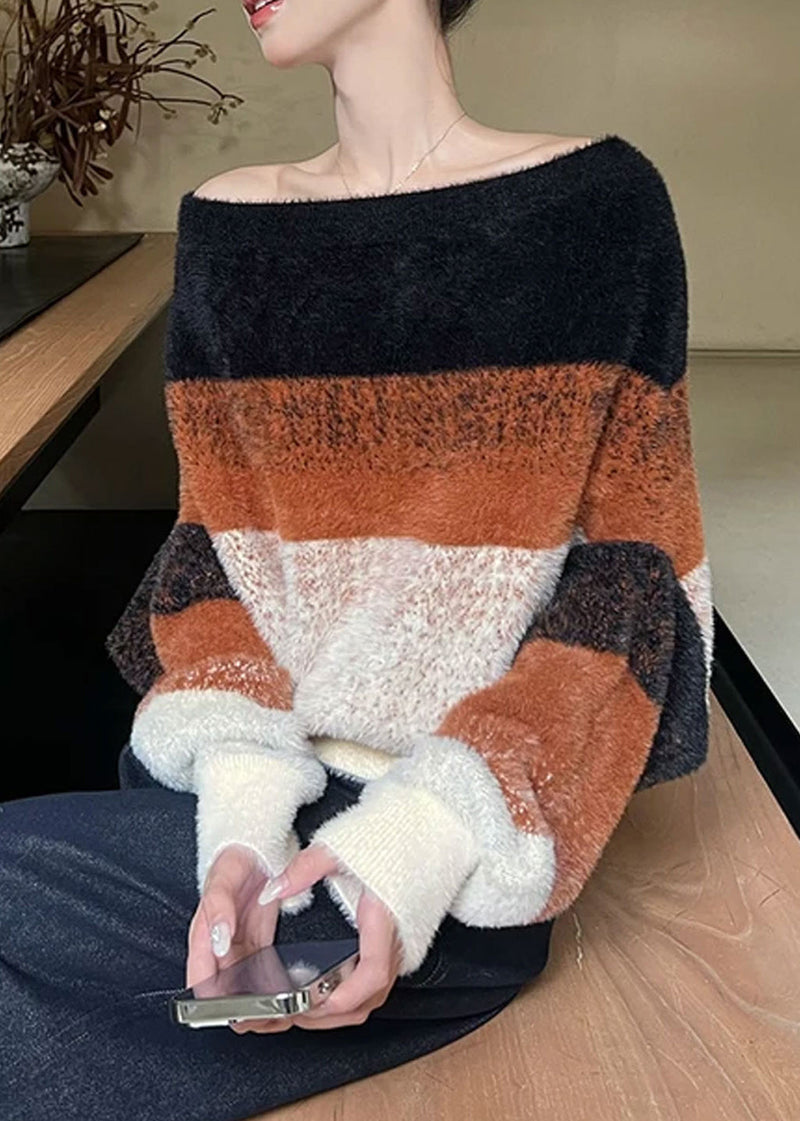 Stylish Slash Neck Striped Cozy Patchwork Knit Sweaters Winter