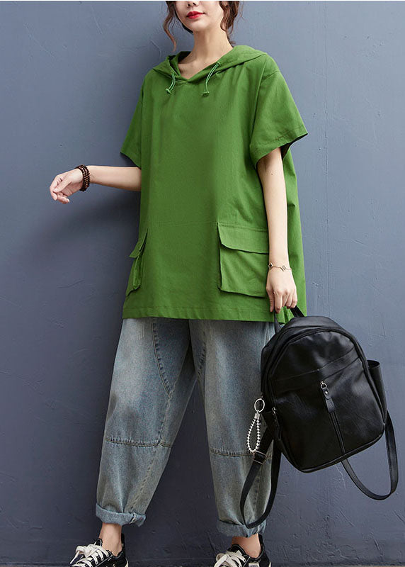 Stylish Green Drawstring Hooded Pockets Cotton Loose Sweatshirt Tops Short Sleeve