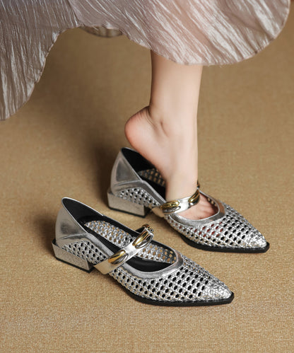 Stylish Splicing Flat Shoes Silver Cowhide Leather Hollow Out