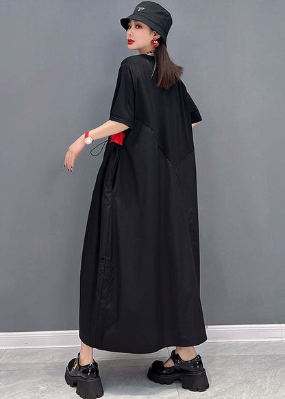 Stylish Black Drawstring Asymmetrical Patchwork Cotton Pleated Dresses Short Sleeve