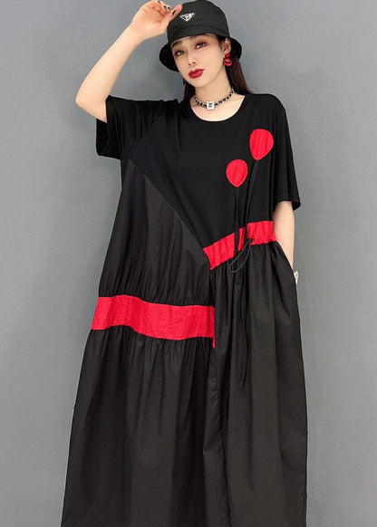 Stylish Black Drawstring Asymmetrical Patchwork Cotton Pleated Dresses Short Sleeve