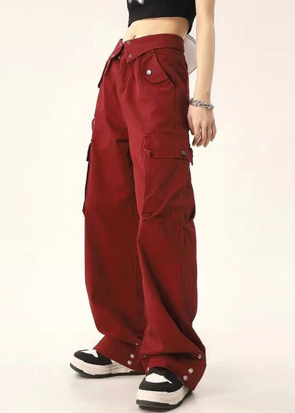 Stylish Red Pockets High Waist Denim Pants Spring