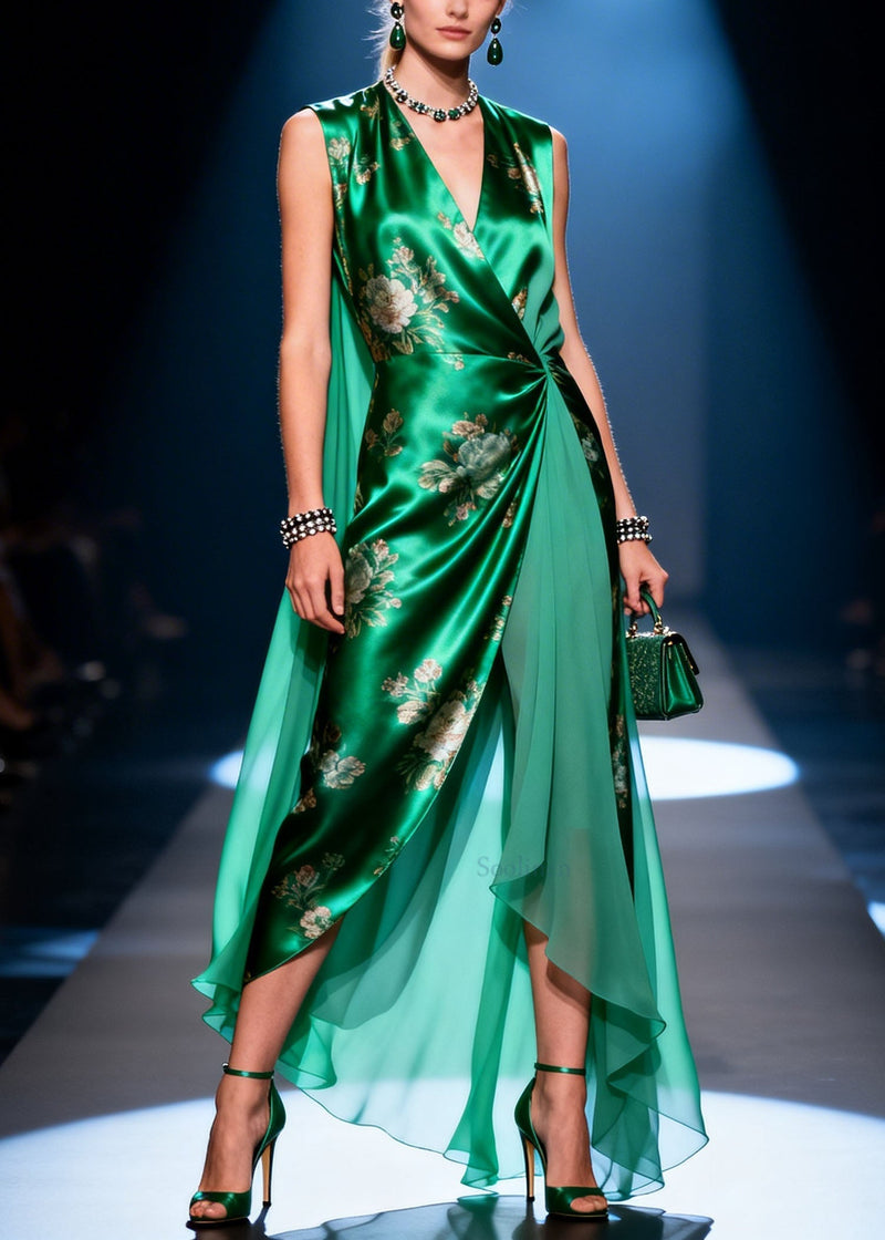 Stylish V Neck Asymmetrical Design Patchwork Chiffon Dresses Summer