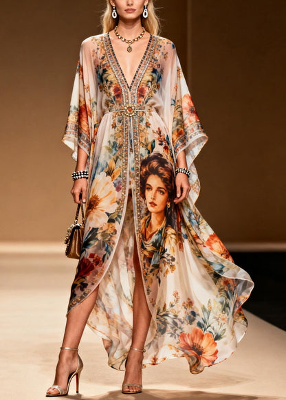 Stylish V Neck Asymmetrical Print Zircon Chiffon Dress Summer