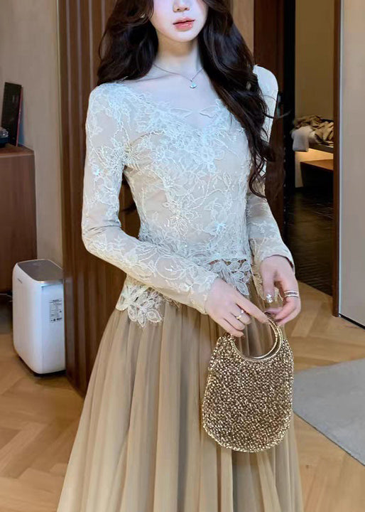 Stylish V Neck Hollow Out Lace T Shirt Top Spring
