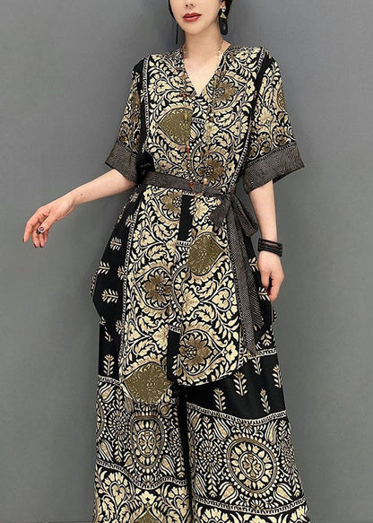 Stylish V Neck Oversized Print Tops and Pants Two Pieces Set Summer