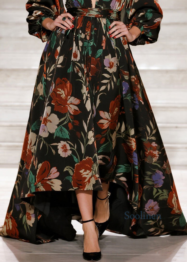 Stylish V Neck Print Loose Cotton Long Dress Spring