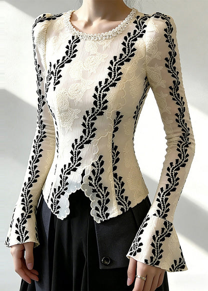 Stylish White Jacquard Chiffon Shirt Top Flare Sleeve
