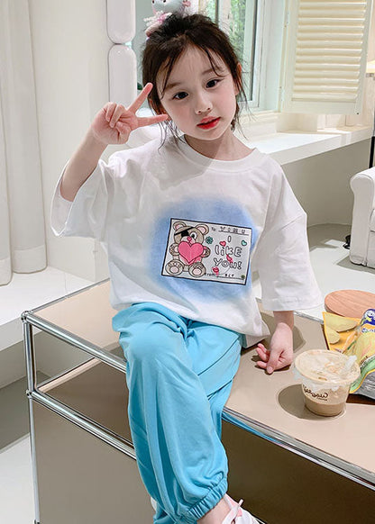 Stylish White O Neck Print Cotton Kids T Shirts Summer
